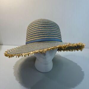 Scala Studio Women's Straw Raffia Sun Hat Blue Beige Fringed Wide Brim Resort